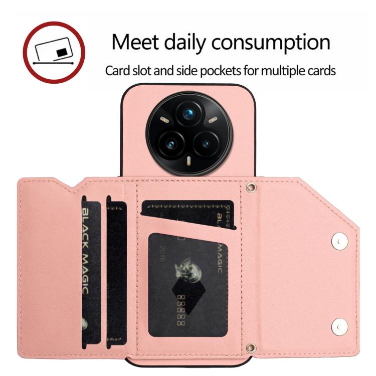 For Realme 14 Pro+ Skin Feel Four Card Slots Phone Case with Wrist Strap