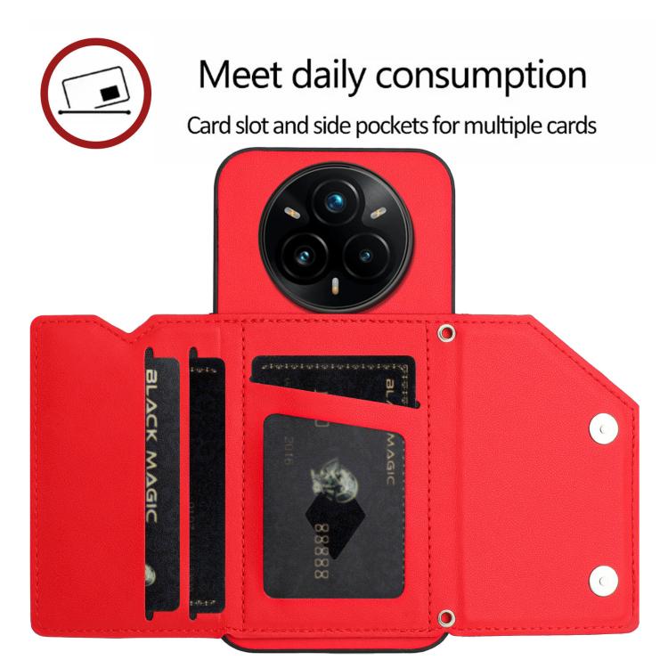 For Realme 14 Pro+ Skin Feel Four Card Slots Phone Case with Wrist Strap