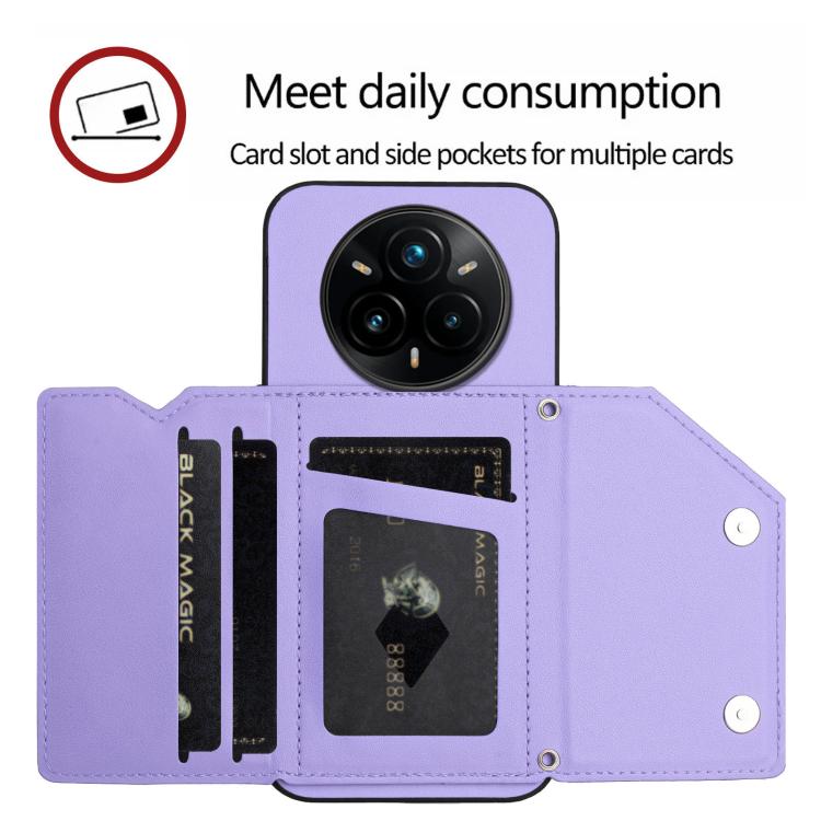 For Realme 14 Pro+ Skin Feel Four Card Slots Phone Case with Wrist Strap