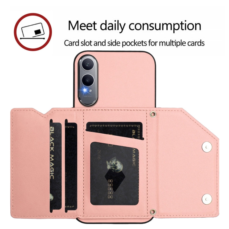 For OnePlus Nord CE4 Lite 5G Skin Feel Four Card Slots Phone Case with Wrist Strap