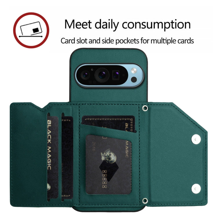 For Google Pixel 9 Skin Feel Four Card Slots Phone Case with Wrist Strap