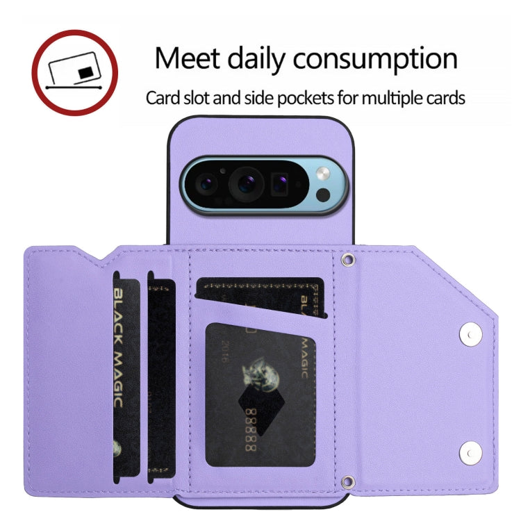 For Google Pixel 9 Skin Feel Four Card Slots Phone Case with Wrist Strap