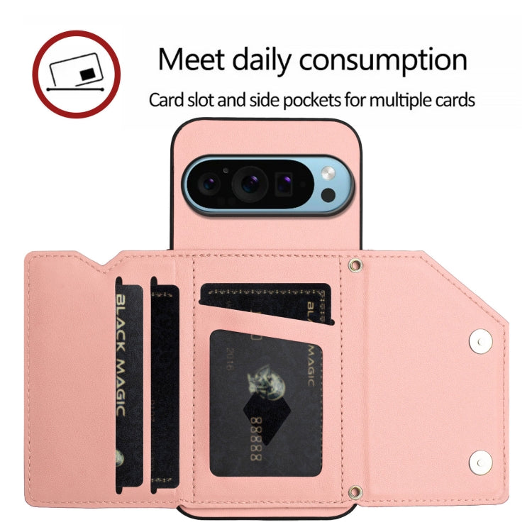 For Google Pixel 9 Pro Skin Feel Four Card Slots Phone Case with Wrist Strap