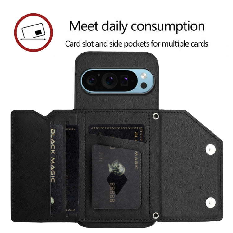 For Google Pixel 9 Pro Skin Feel Four Card Slots Phone Case with Wrist Strap
