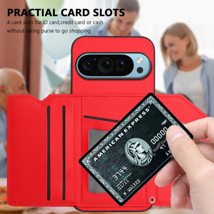 For Google Pixel 9 Pro Skin Feel Four Card Slots Phone Case with Wrist Strap