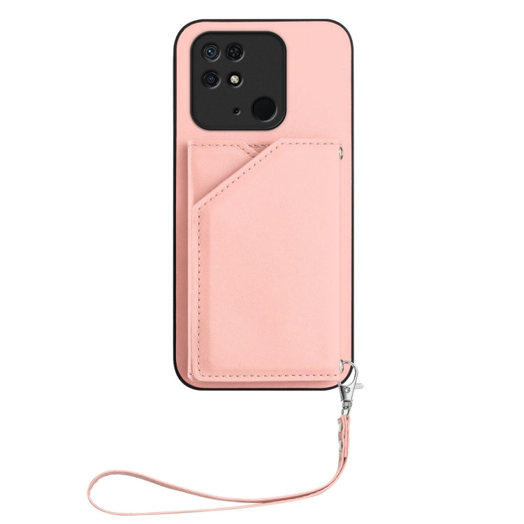 For Redmi 10C Skin Feel Four Card Slots Phone Case with Wrist Strap