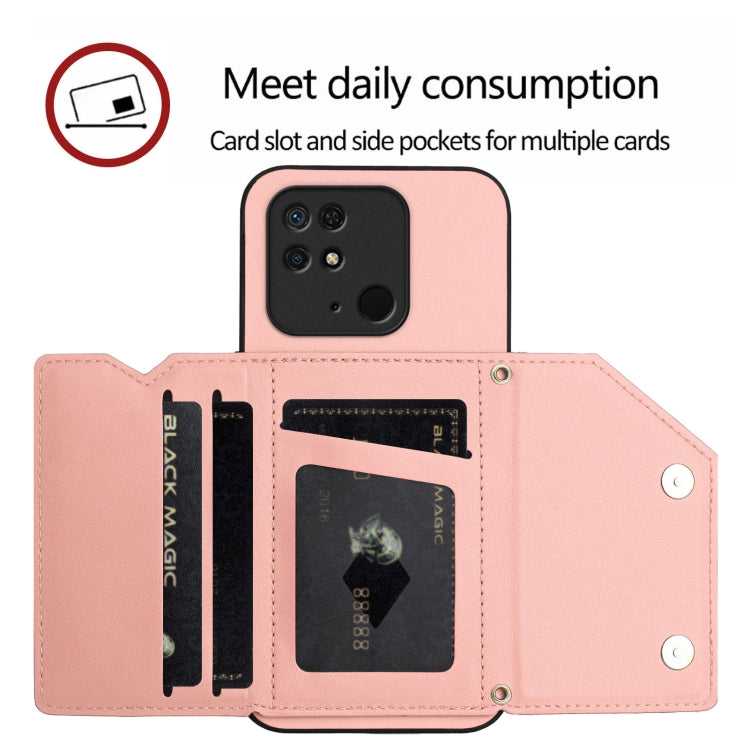 For Redmi 10C Skin Feel Four Card Slots Phone Case with Wrist Strap