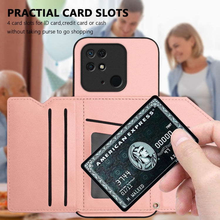 For Redmi 10C Skin Feel Four Card Slots Phone Case with Wrist Strap