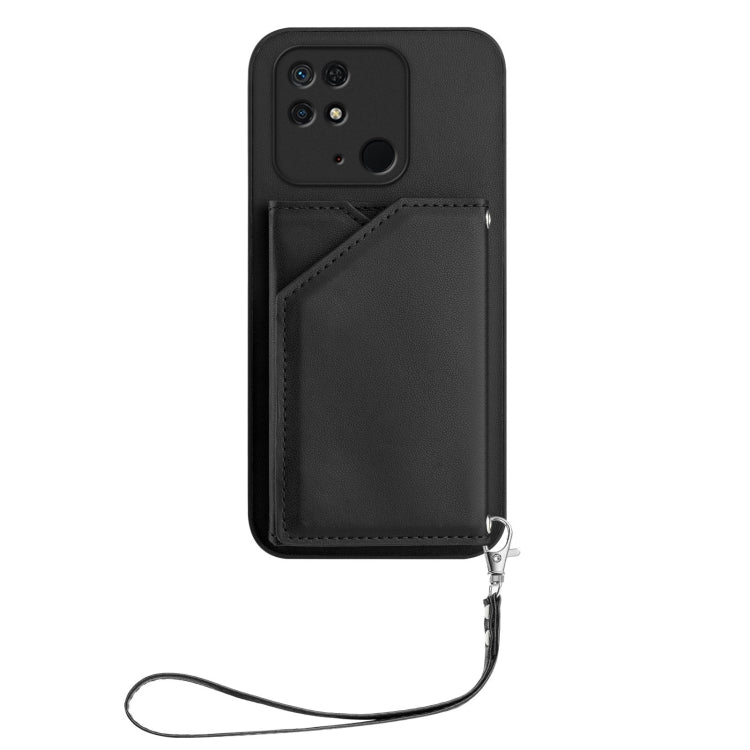 For Redmi 10C Skin Feel Four Card Slots Phone Case with Wrist Strap