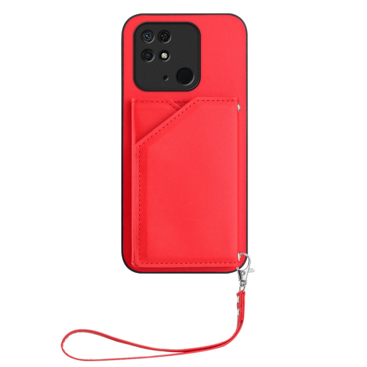 For Redmi 10C Skin Feel Four Card Slots Phone Case with Wrist Strap