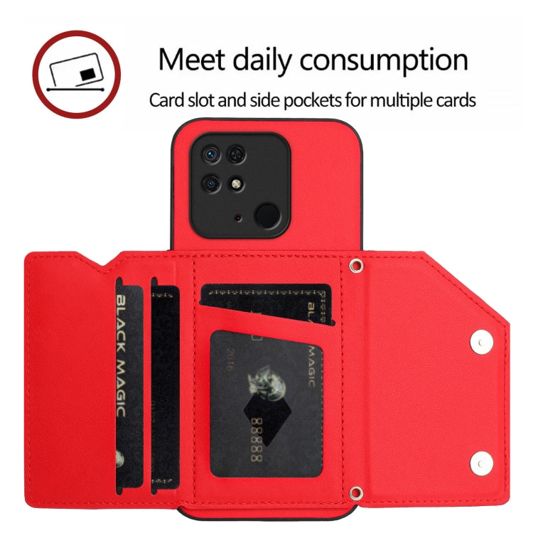 For Redmi 10C Skin Feel Four Card Slots Phone Case with Wrist Strap