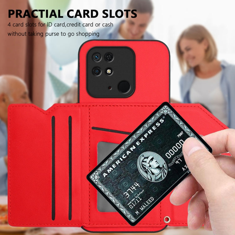 For Redmi 10C Skin Feel Four Card Slots Phone Case with Wrist Strap