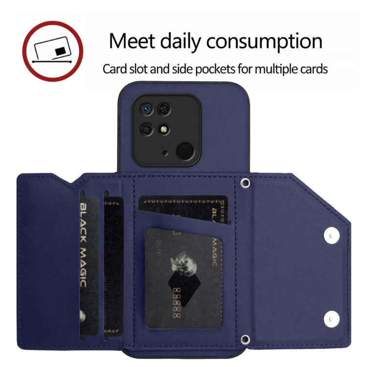 For Redmi 10C Skin Feel Four Card Slots Phone Case with Wrist Strap