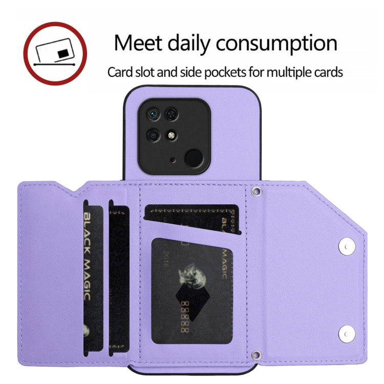 For Redmi 10C Skin Feel Four Card Slots Phone Case with Wrist Strap