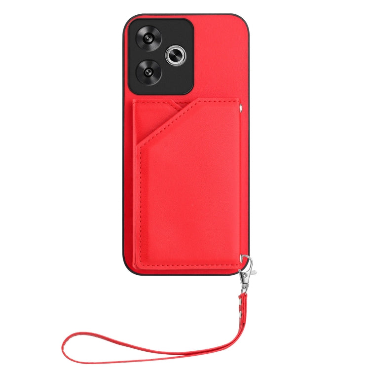 For Redmi Turbo 3 Skin Feel Four Card Slots Phone Case with Wrist Strap