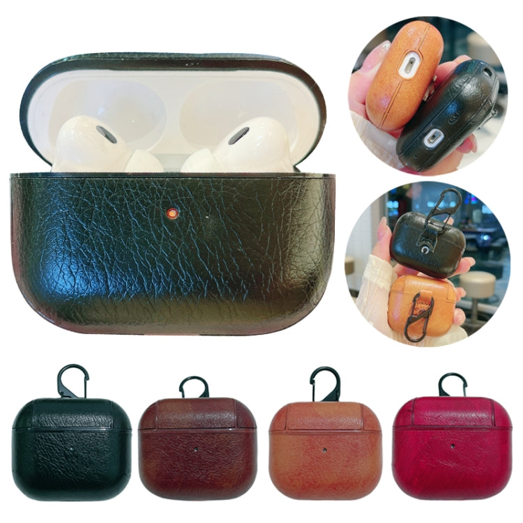 For AirPods 4 Crazy Horse Texture PU Earbuds Box PC Case with Hook