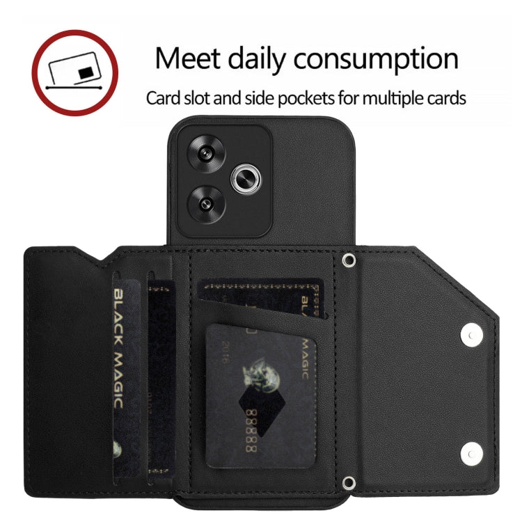 For Xiaomi Poco F6 Skin Feel Four Card Slots Phone Case with Wrist Strap