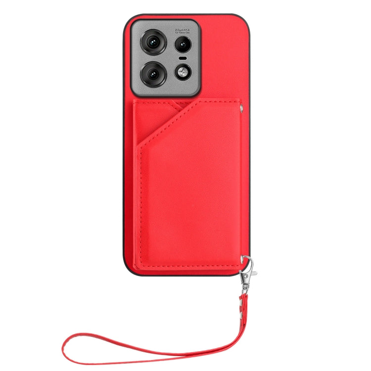For Motorola Edge 50 Pro Skin Feel Four Card Slots Phone Case with Wrist Strap