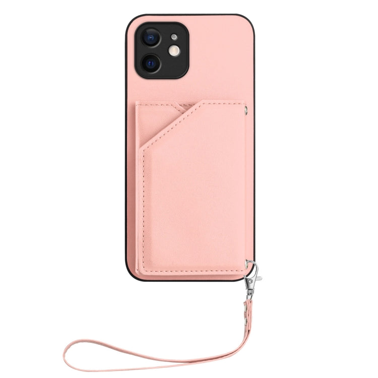 For iPhone 11 Skin Feel Four Card Slots Phone Case with Wrist Strap