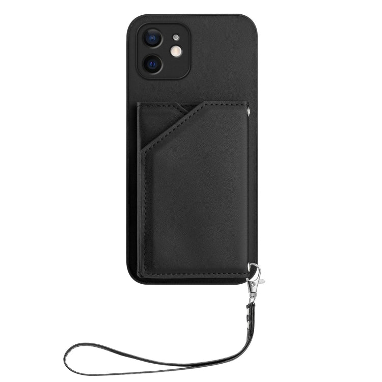For iPhone 11 Skin Feel Four Card Slots Phone Case with Wrist Strap