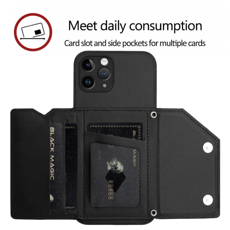 For iPhone 11 Pro Skin Feel Four Card Slots Phone Case with Wrist Strap