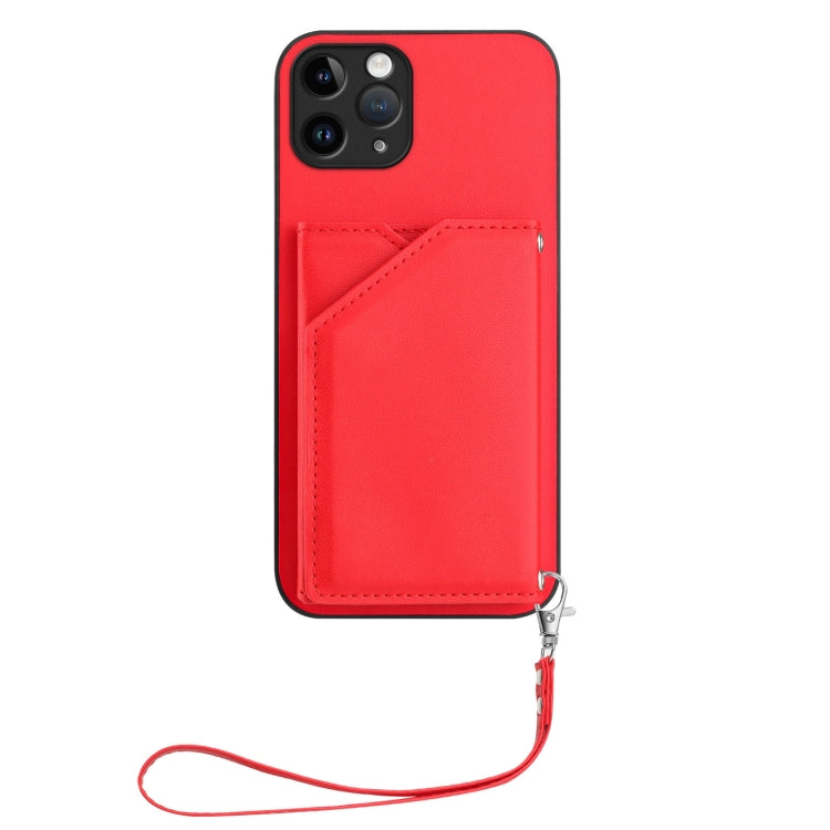 For iPhone 11 Pro Skin Feel Four Card Slots Phone Case with Wrist Strap