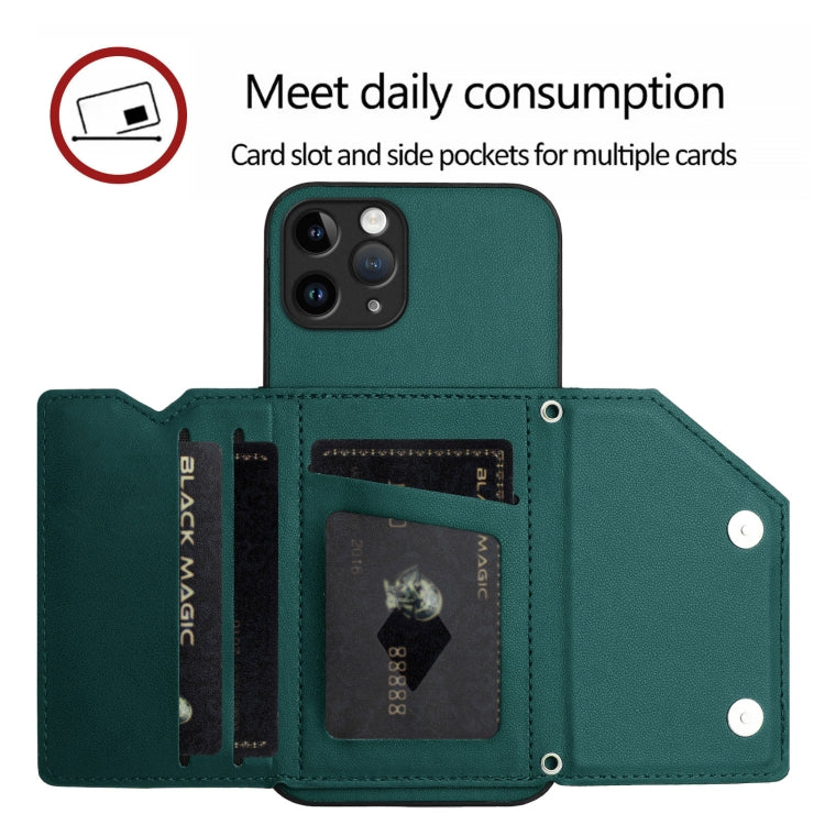 For iPhone 11 Pro Skin Feel Four Card Slots Phone Case with Wrist Strap