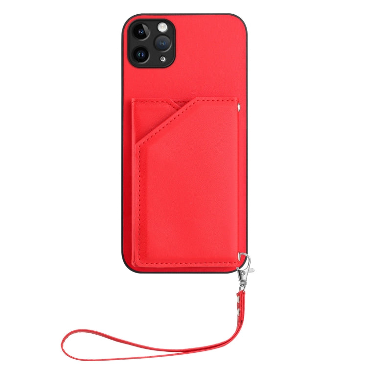 For iPhone 11 Pro Max Skin Feel Four Card Slots Phone Case with Wrist Strap
