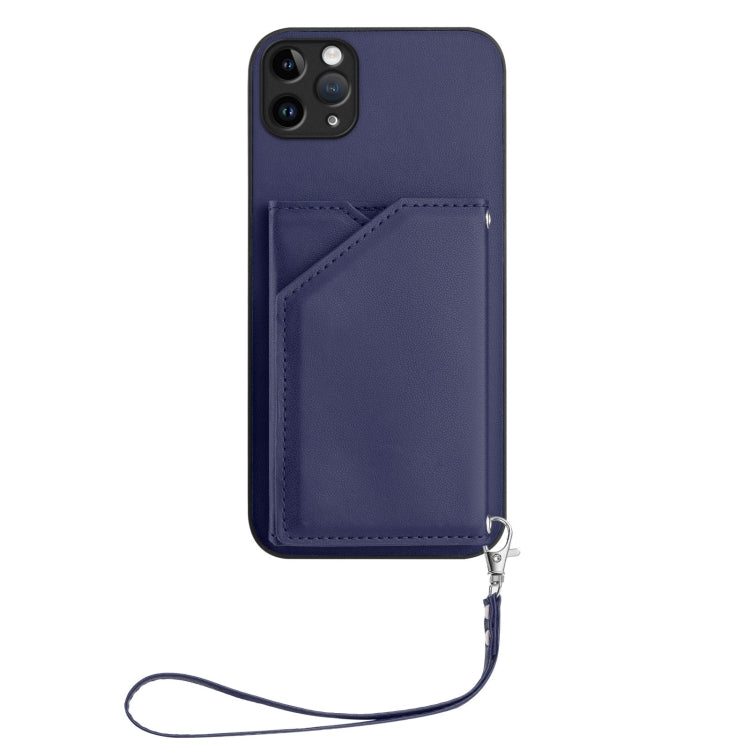 For iPhone 11 Pro Max Skin Feel Four Card Slots Phone Case with Wrist Strap