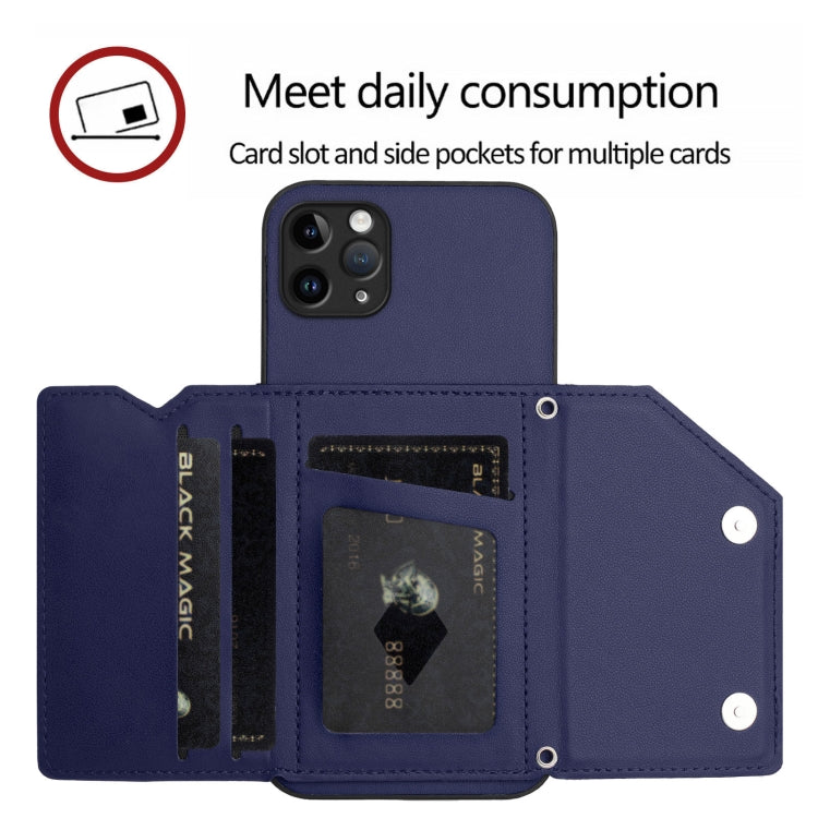 For iPhone 11 Pro Max Skin Feel Four Card Slots Phone Case with Wrist Strap