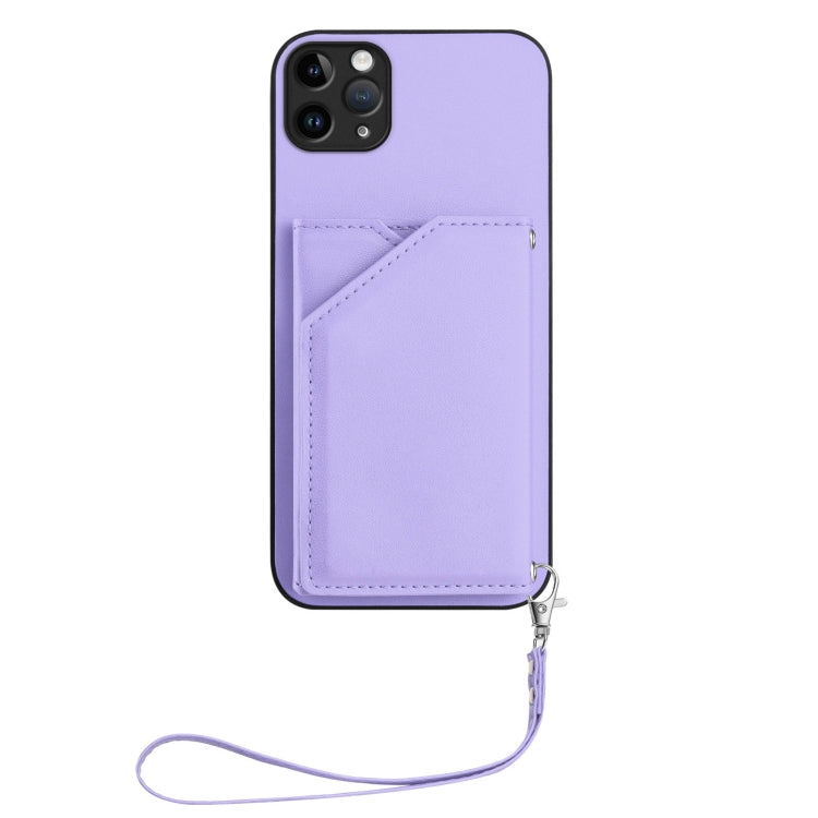 For iPhone 11 Pro Max Skin Feel Four Card Slots Phone Case with Wrist Strap