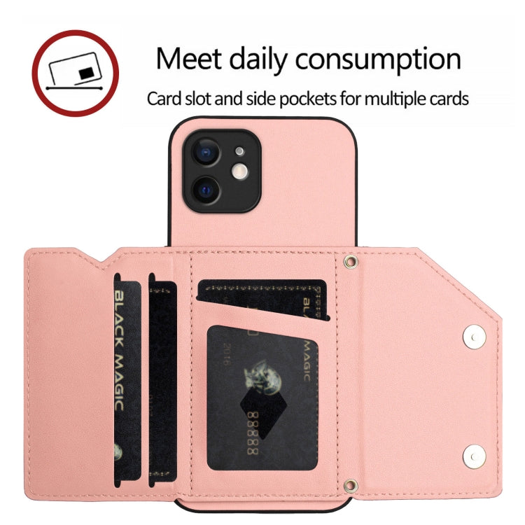 For iPhone 12 Skin Feel Four Card Slots Phone Case with Wrist Strap