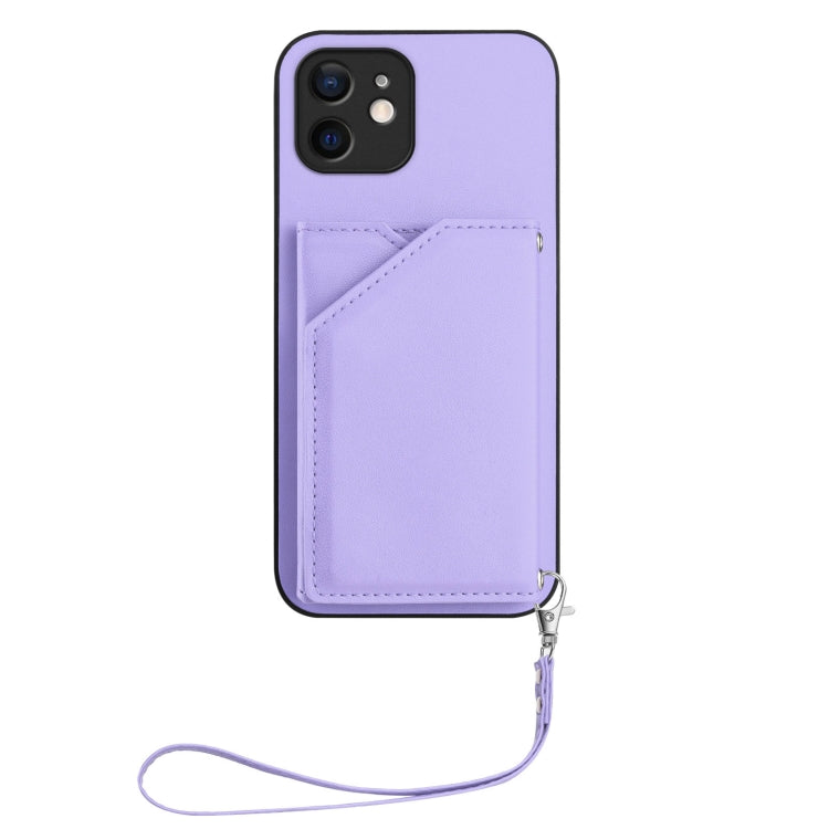 For iPhone 12 Skin Feel Four Card Slots Phone Case with Wrist Strap