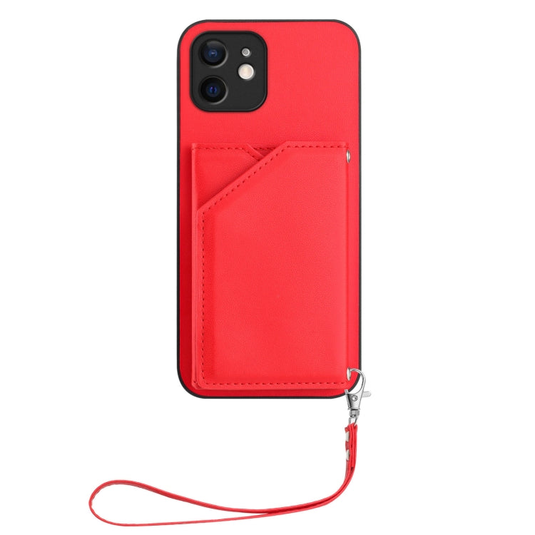 For iPhone 12 mini Skin Feel Four Card Slots Phone Case with Wrist Strap