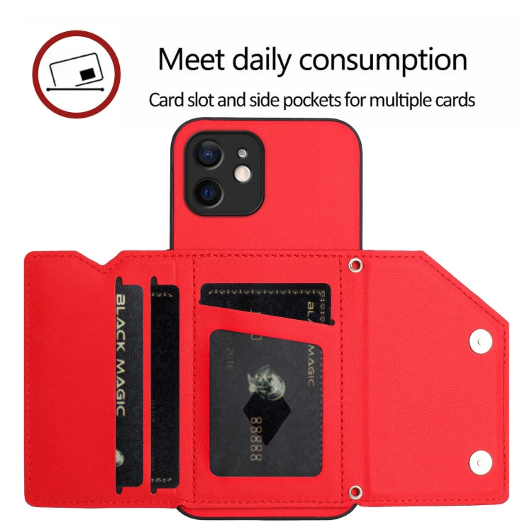 For iPhone 12 mini Skin Feel Four Card Slots Phone Case with Wrist Strap