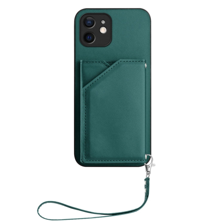 For iPhone 12 mini Skin Feel Four Card Slots Phone Case with Wrist Strap