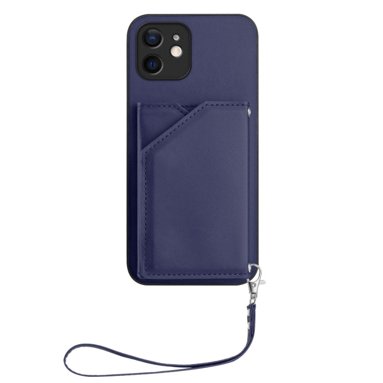 For iPhone 12 mini Skin Feel Four Card Slots Phone Case with Wrist Strap