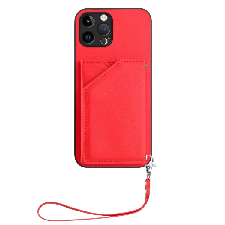 For iPhone 12 Pro Skin Feel Four Card Slots Phone Case with Wrist Strap
