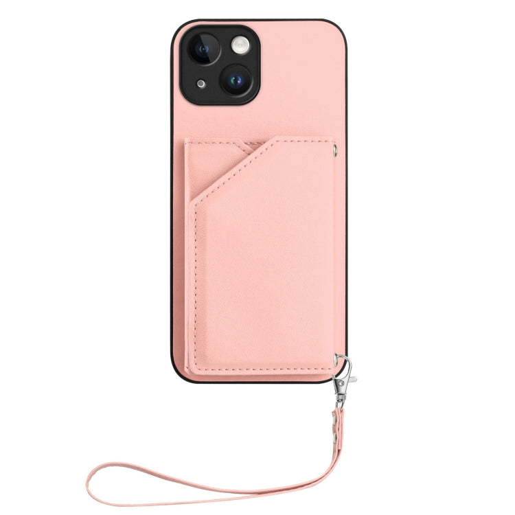 For iPhone 14 Skin Feel Four Card Slots Phone Case with Wrist Strap
