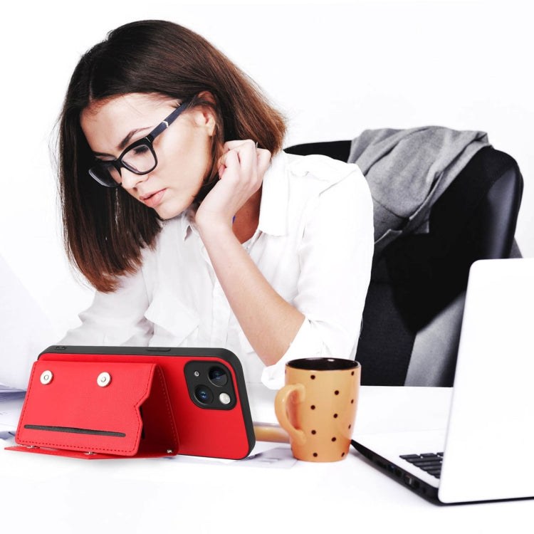 For iPhone 14 Skin Feel Four Card Slots Phone Case with Wrist Strap