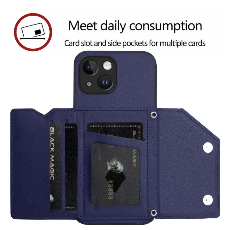 For iPhone 14 Skin Feel Four Card Slots Phone Case with Wrist Strap