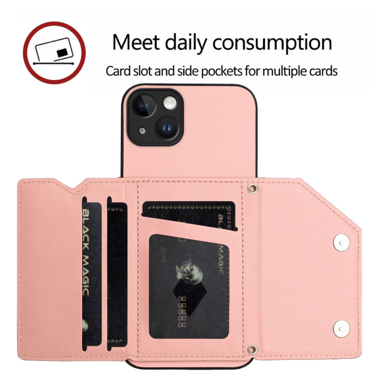 For iPhone 14 Plus Skin Feel Four Card Slots Phone Case with Wrist Strap