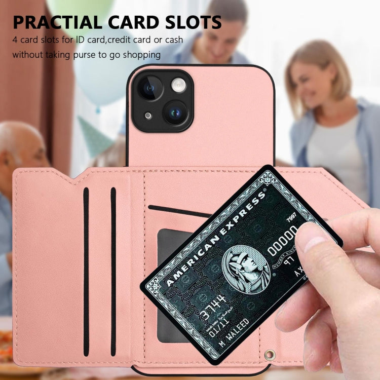 For iPhone 14 Plus Skin Feel Four Card Slots Phone Case with Wrist Strap