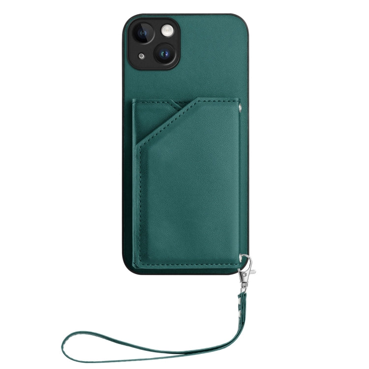 For iPhone 14 Plus Skin Feel Four Card Slots Phone Case with Wrist Strap