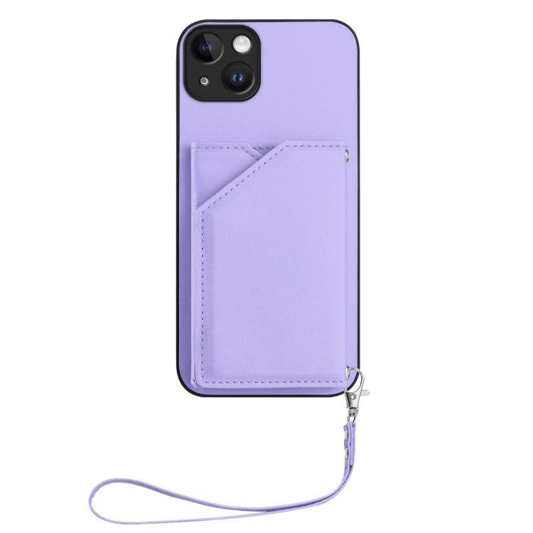For iPhone 14 Plus Skin Feel Four Card Slots Phone Case with Wrist Strap