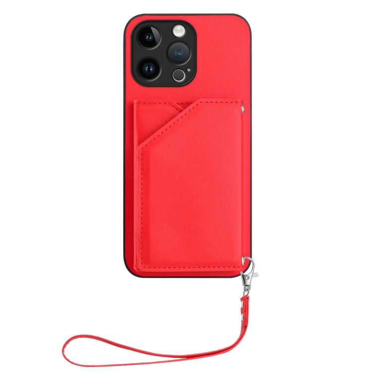 For iPhone 14 Pro Max Skin Feel Four Card Slots Phone Case with Wrist Strap
