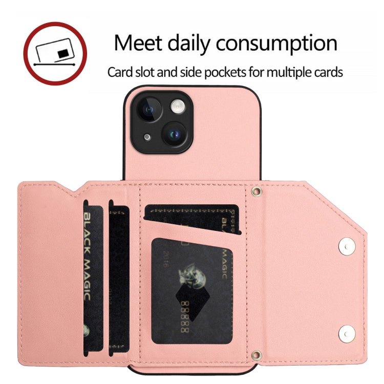 For iPhone 15 Skin Feel Four Card Slots Phone Case with Wrist Strap
