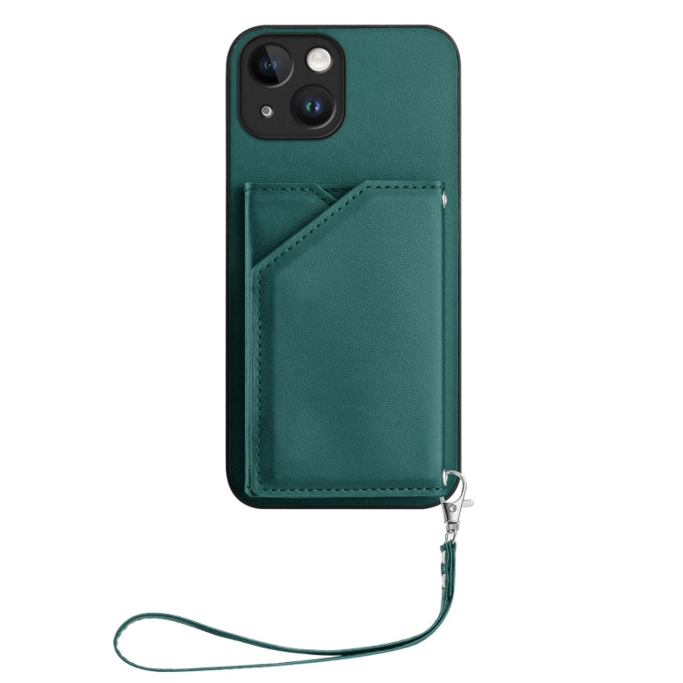 For iPhone 15 Skin Feel Four Card Slots Phone Case with Wrist Strap