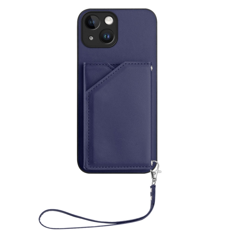 For iPhone 15 Skin Feel Four Card Slots Phone Case with Wrist Strap