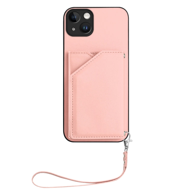 For iPhone 15 Plus Skin Feel Four Card Slots Phone Case with Wrist Strap